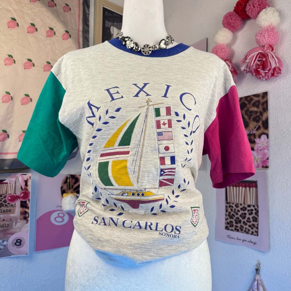 Vintage Lolas Mexico San Carlos Sonora Colorblock T-Shirt Size M 90s